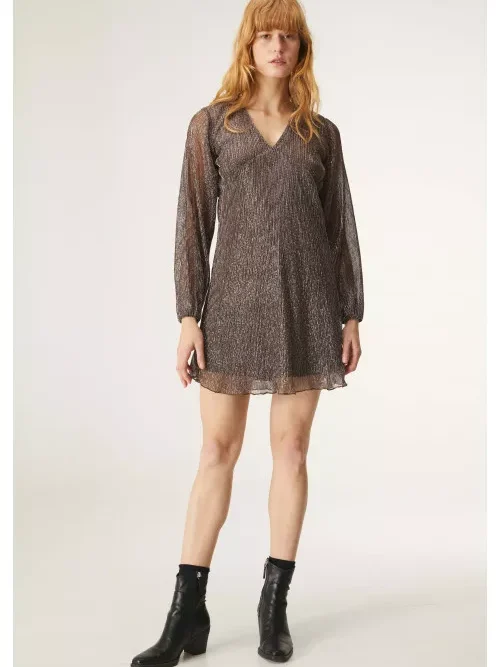 Compania Fantastica Brown V-Neck Mini Smock Dress In Lurex Φόρεμα - Image 3