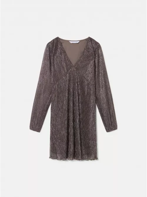 Compania Fantastica Brown V-Neck Mini Smock Dress In Lurex Φόρεμα - Image 6