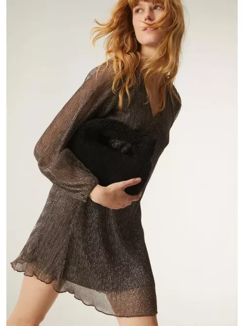 Compania Fantastica Brown V-Neck Mini Smock Dress In Lurex Φόρεμα - Image 7
