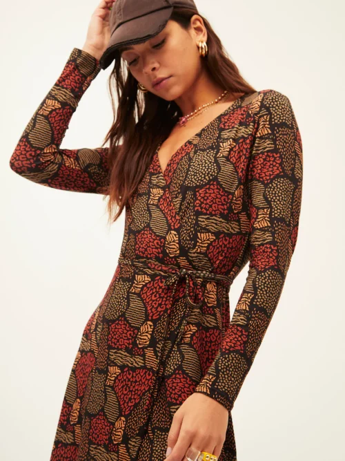 Xantik V Neck Dress Skirt Cut Brown Texture - Image 3