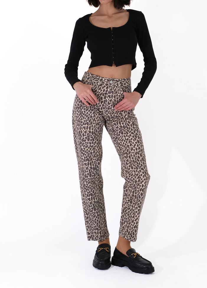 το barbara beige leopard γυναικείο τζιν με λεοπάρ πριντ και σε ίσια γραμμή