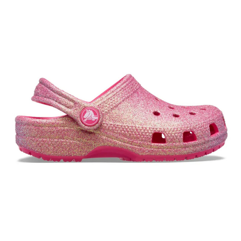 παιδικά σαμπό σε ροζ χρώμα με γκλιτερ από την crocs, classic k clog glitter pink