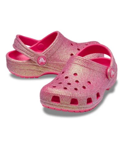 παιδικά σαμπό σε ροζ χρώμα με γκλιτερ από την crocs, classic t clog glitter pink