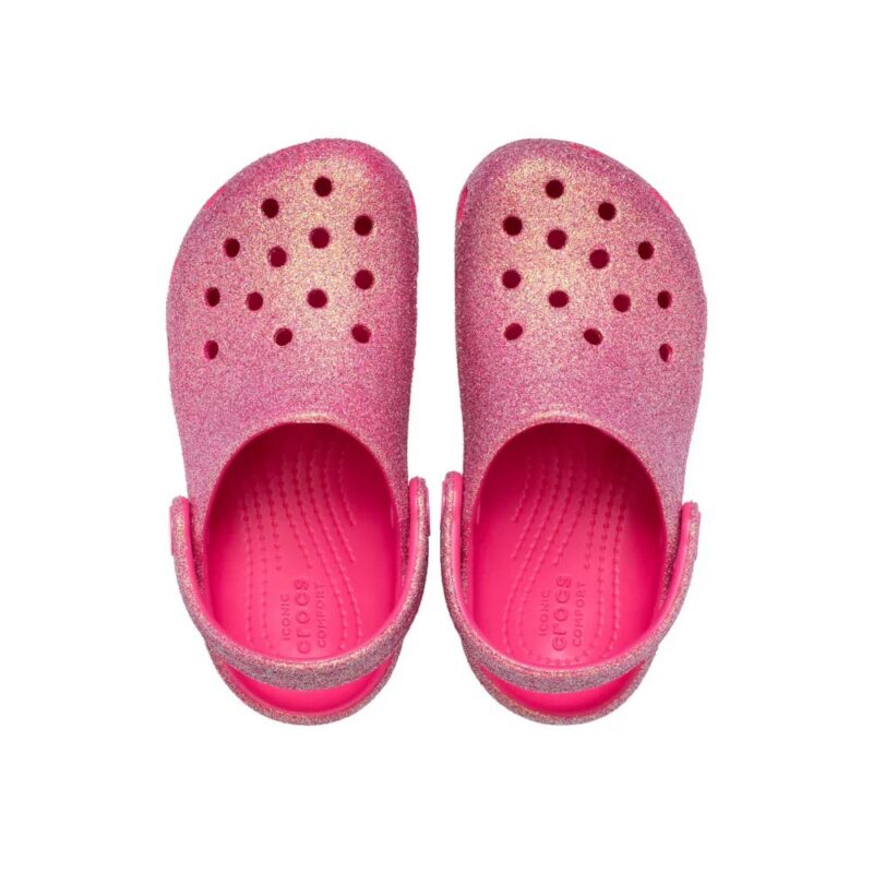παιδικά σαμπό σε ροζ χρώμα με γκλιτερ από την crocs, classic t clog glitter pink