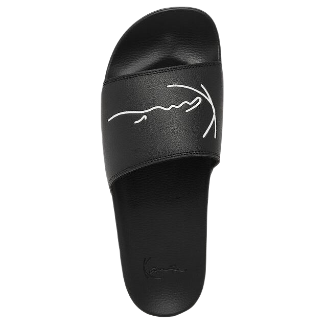 karl-kani-signature-pool-slide-black-white-pantofla παντόφλες σε μαύρο χρώμα με την υπογραφή του karl kani, signature pool slide
