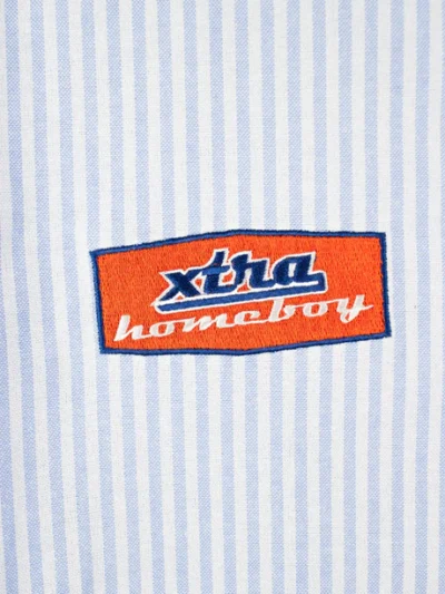 unisex πουκάμισο με ρίγες μπλε και άσπρες και τυπώματα στο μπροστινό και πίσω μέρος από την homeboy, gas station shirt