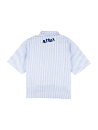 unisex πουκάμισο με ρίγες μπλε και άσπρες και τυπώματα στο μπροστινό και πίσω μέρος από την homeboy, gas station shirt