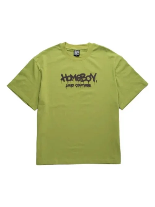 ανδρική κοντομάνικη μπλούζα σε πράσινο χρώμα με επιγραφή στο μπροστινό και πίσω μέρος από την homeboy, tagged t-shirt