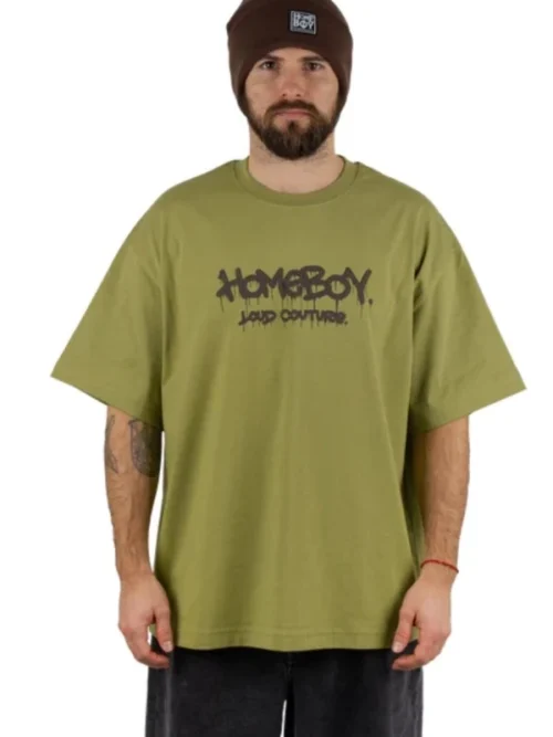 ανδρική κοντομάνικη μπλούζα σε πράσινο χρώμα με επιγραφή στο μπροστινό και πίσω μέρος από την homeboy, tagged t-shirt