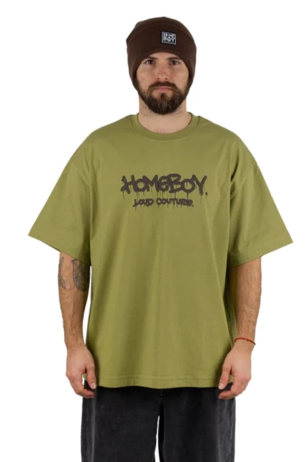ανδρική κοντομάνικη μπλούζα σε πράσινο χρώμα με επιγραφή στο μπροστινό και πίσω μέρος από την homeboy, tagged t-shirt
