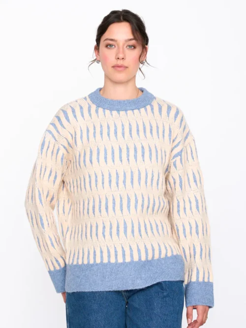 γυναικείο πλεκτή μπλούζα με μπλε και μπεζ αποχρώσεις από την 24colours, womens patterned sweater blue beige