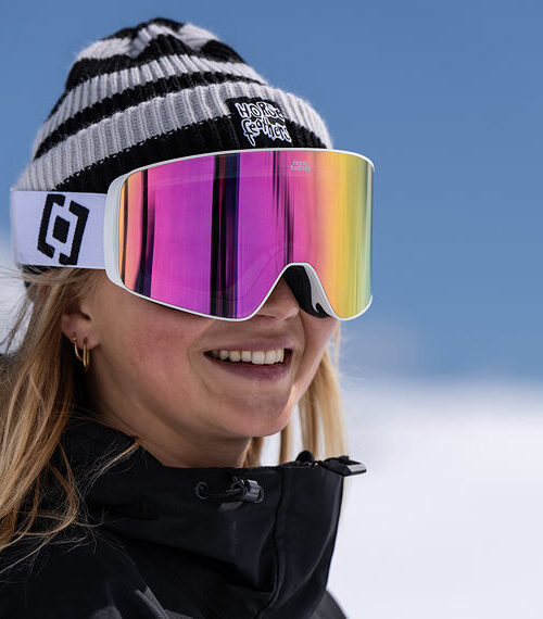 μάσκα για σκι σε λευκό χρώμα και με ροζ φακό από την horsefeathers, lynx goggles