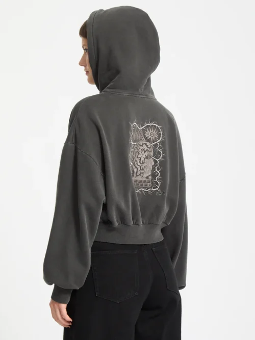 γυναικείο φούτερ σε γκρι χρώμα με ραμμένα σχέδια μπρος και πίσω από την volcom, vaderetro hoodie