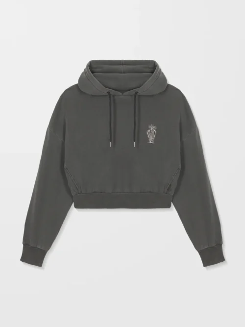 γυναικείο φούτερ σε γκρι χρώμα με ραμμένα σχέδια μπρος και πίσω από την volcom, vaderetro hoodie