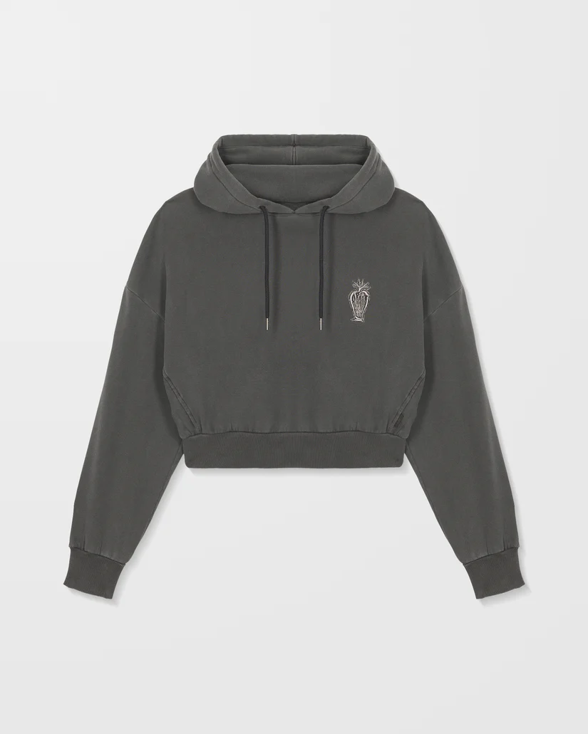 γυναικείο φούτερ σε γκρι χρώμα με ραμμένα σχέδια μπρος και πίσω από την volcom, vaderetro hoodie