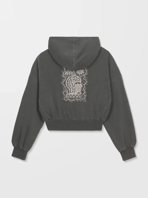 γυναικείο φούτερ σε γκρι χρώμα με ραμμένα σχέδια μπρος και πίσω από την volcom, vaderetro hoodie