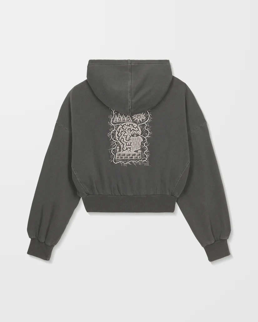 γυναικείο φούτερ σε γκρι χρώμα με ραμμένα σχέδια μπρος και πίσω από την volcom, vaderetro hoodie