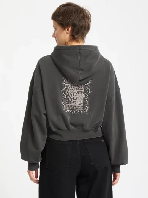 γυναικείο φούτερ σε γκρι χρώμα με ραμμένα σχέδια μπρος και πίσω από την volcom, vaderetro hoodie