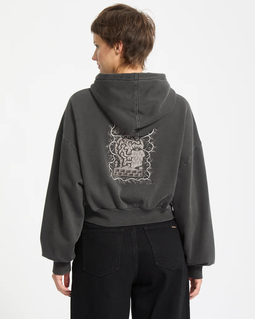 γυναικείο φούτερ σε γκρι χρώμα με ραμμένα σχέδια μπρος και πίσω από την volcom, vaderetro hoodie