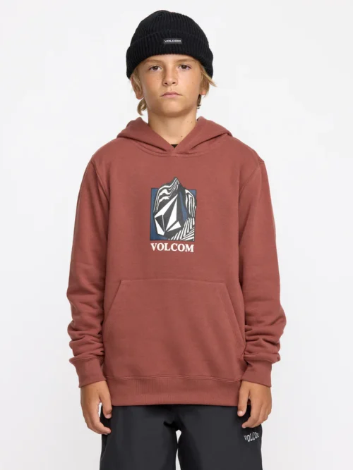 παιδικό φούτερ σε σκούρο κόκκινο χρώμα με τύπωμα στο μπροστινό μέρος από την volcom, youth essential hoodie henna