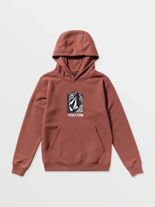 παιδικό φούτερ σε σκούρο κόκκινο χρώμα με τύπωμα στο μπροστινό μέρος από την volcom, youth essential hoodie henna