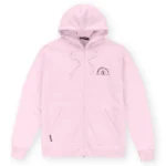 ζακέτα σε ροζ χρώμα με τυπώματα στο μπροστινό και πίσω μέρος από την we ride local, all terrain baby pink zipped hoodie