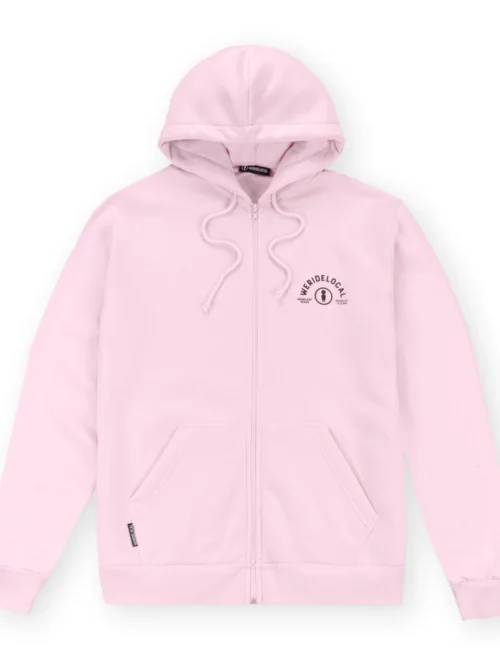 ζακέτα σε ροζ χρώμα με τυπώματα στο μπροστινό και πίσω μέρος από την we ride local, all terrain baby pink zipped hoodie