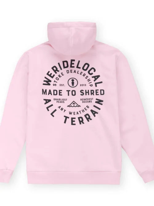 ζακέτα σε ροζ χρώμα με τυπώματα στο μπροστινό και πίσω μέρος από την we ride local, all terrain baby pink zipped hoodie