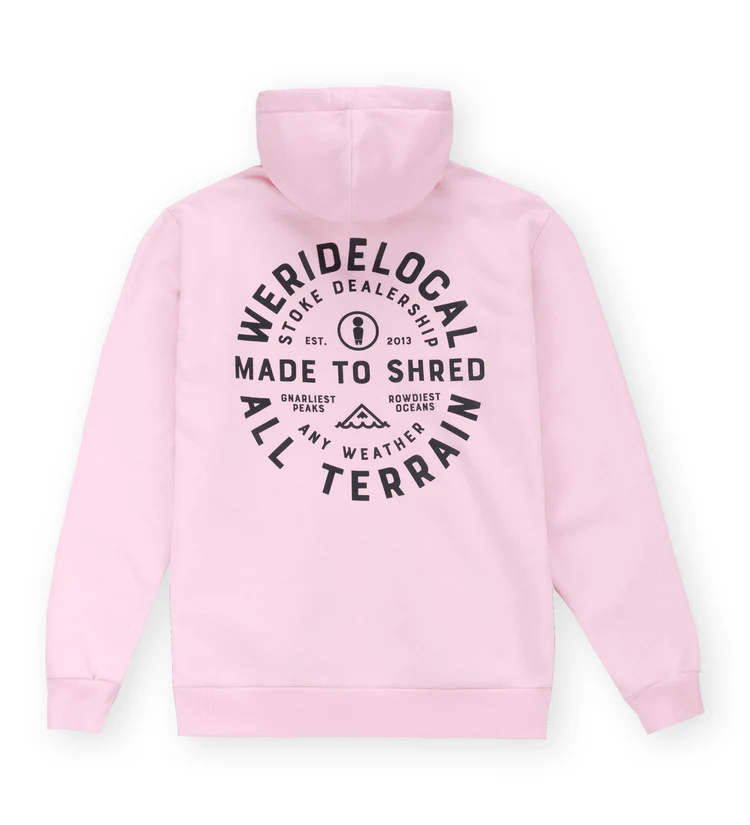ζακέτα σε ροζ χρώμα με τυπώματα στο μπροστινό και πίσω μέρος από την we ride local, all terrain baby pink zipped hoodie