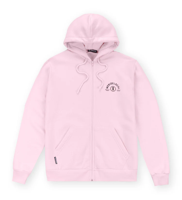 ζακέτα σε ροζ χρώμα με τυπώματα στο μπροστινό και πίσω μέρος από την we ride local, all terrain baby pink zipped hoodie