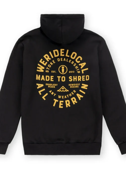 φούτερ με κουκούλα σε μαύρο χρώμα με τύπωμα στο μπροστινό και πίσω μέρος από την we ride local, all terrain black hoodie