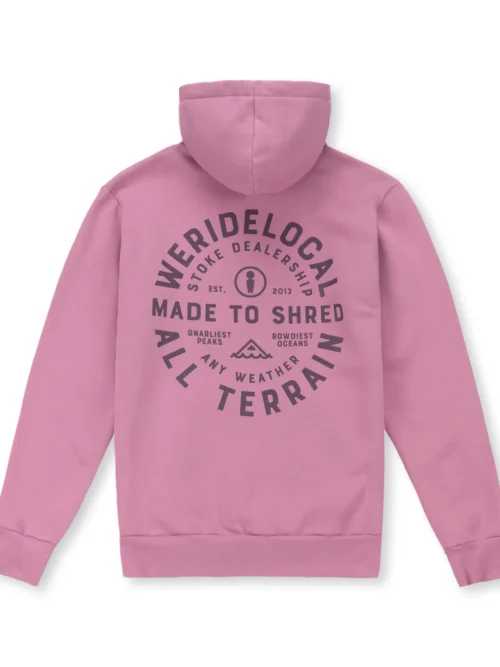 φούτερ σε σκούρο ροζ χρώμα με τύπωμα στο μπροστινό και πίσω μέρος από την we ride local, all terrain dusty rose hoodie