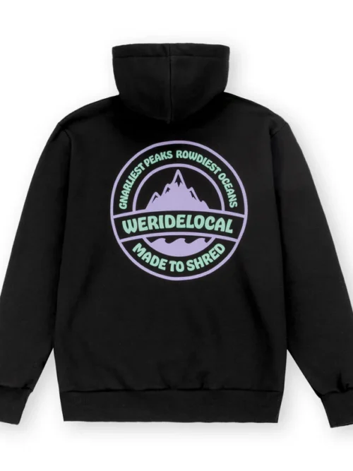 ζακέτα σε μαύρο χρώμα με τύπωμα στο μπροστινό και πίσω μέρος από την we ride local, backyard black zipped hoodie