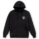 ζακέτα σε μαύρο χρώμα με τύπωμα στο μπροστινό και πίσω μέρος από την we ride local, backyard black zipped hoodie