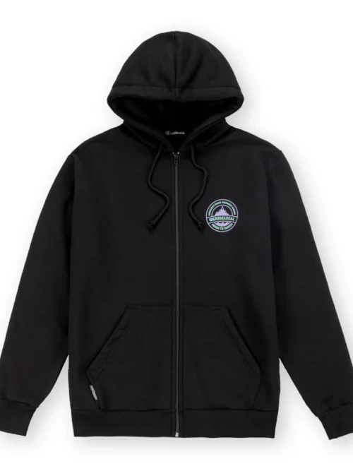 ζακέτα σε μαύρο χρώμα με τύπωμα στο μπροστινό και πίσω μέρος από την we ride local, backyard black zipped hoodie