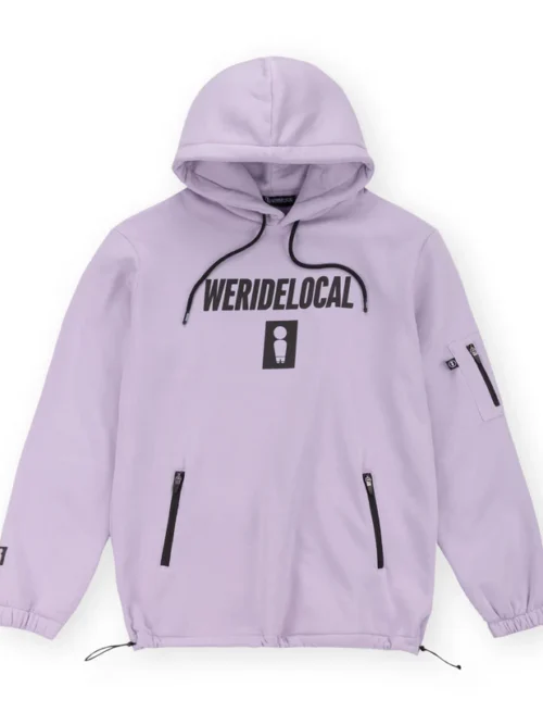 φούτερ σε λιλά χρώμα με τυπώματα από την we ride local, big shot lilac hoodie