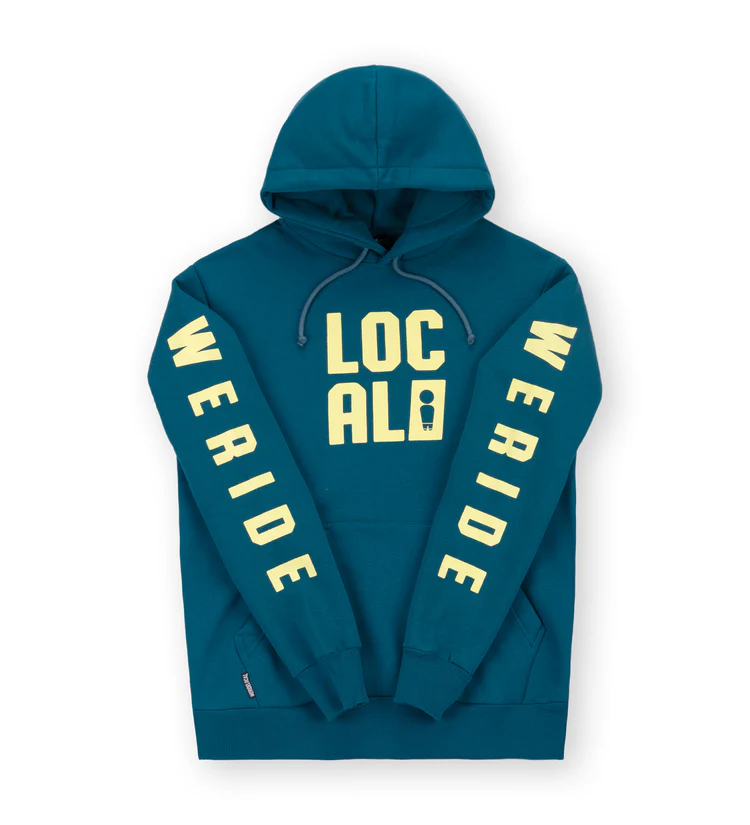 φούτερ σε πράσινο σκούρο χρώμα με τυπώματα από την we ride local, code teal hoodie