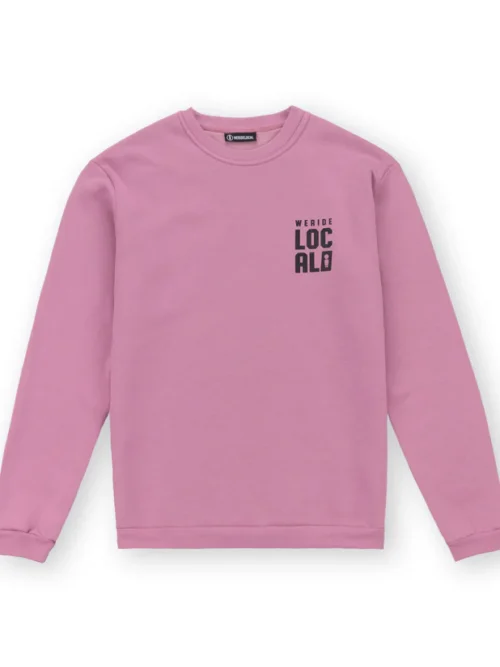 φούτερ χωρίς κουκούλα σε ροζ χρώμα με τύπωμα στο μπροστινό και πίσω μέρος από την we ride local, division dusty rose crewneck