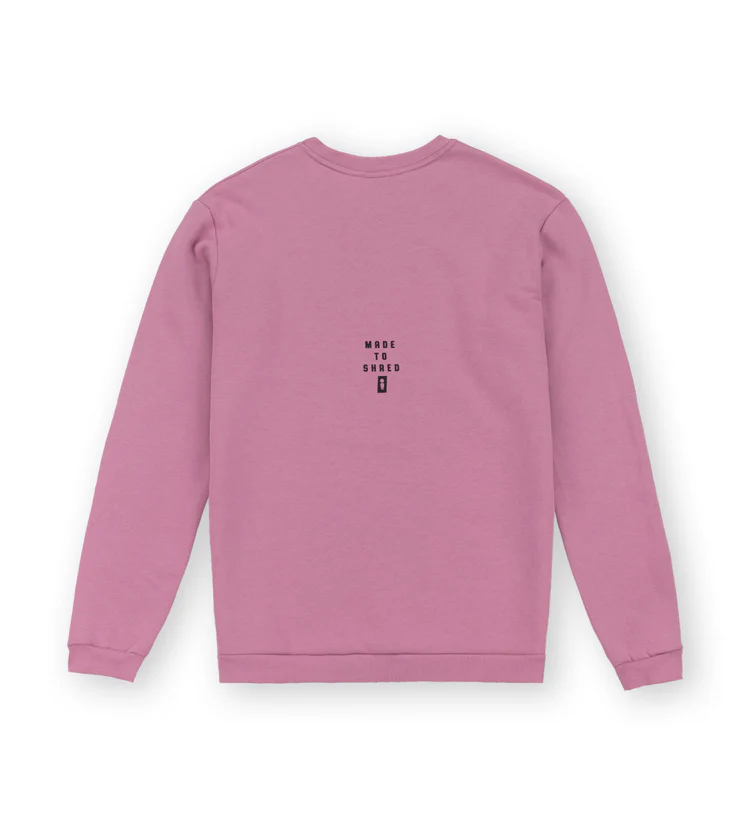 φούτερ χωρίς κουκούλα σε ροζ χρώμα με τύπωμα στο μπροστινό και πίσω μέρος από την we ride local, division dusty rose crewneck
