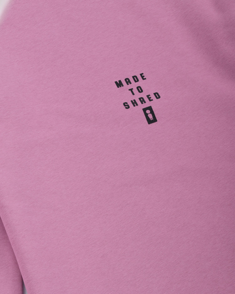 φούτερ χωρίς κουκούλα σε ροζ χρώμα με τύπωμα στο μπροστινό και πίσω μέρος από την we ride local, division dusty rose crewneck