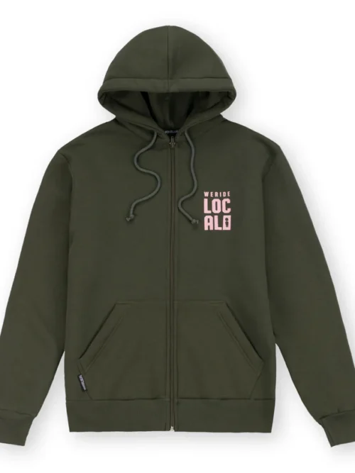 ζακέτα σε χακί χρώμα με τυπώματα στο μπροστινό και πίσω μέρος από την we ride local, division army zipped hoodie