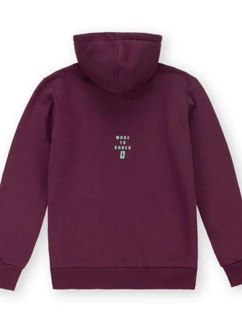 φούτερ ζακέτα σε μπορντό χρώμα με τυπωμένη λεπτομερεια στο πάνω μέρος από την we ride local, division eggplant zipped hoodie