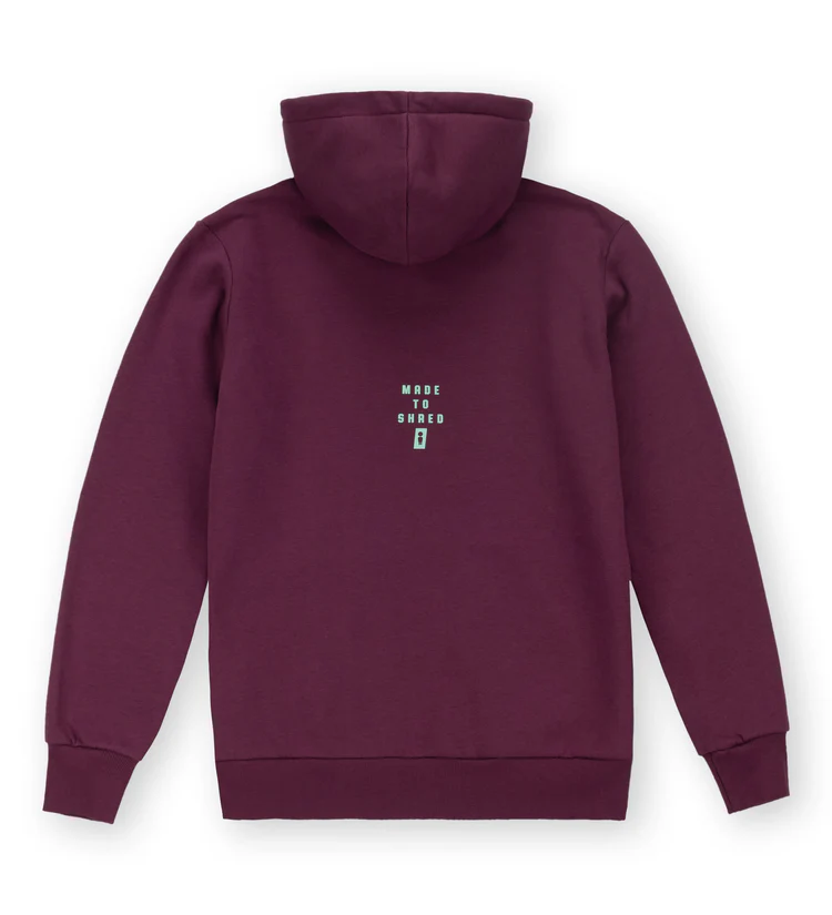 φούτερ ζακέτα σε μπορντό χρώμα με τυπωμένη λεπτομερεια στο πάνω μέρος από την we ride local, division eggplant zipped hoodie