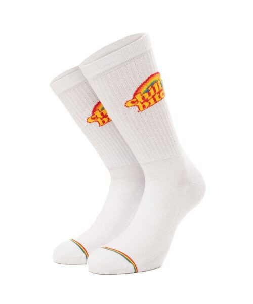 ανδρικές κάλτσες σε λευκό χρώμα με τυπώματα από την bee unusual, chill bitch socks