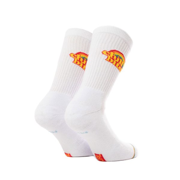 ανδρικές κάλτσες σε λευκό χρώμα με τυπώματα από την bee unusual, chill bitch socks