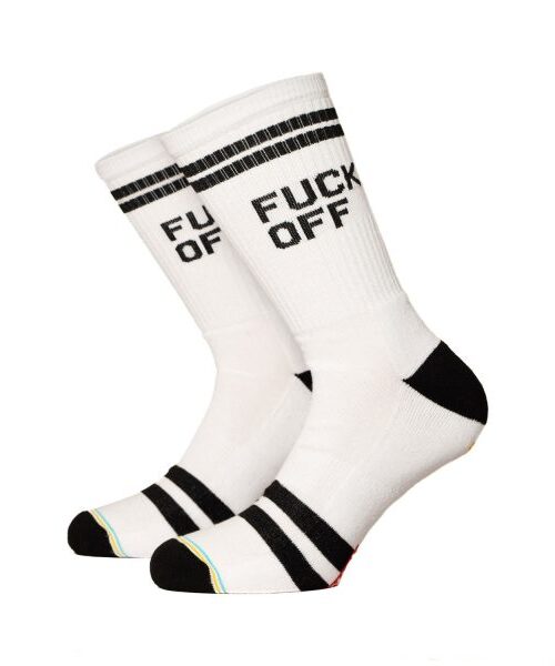 κάλτσες σε λευκό χρώμα με επιγραφή από την bee unusual, fuck off socks
