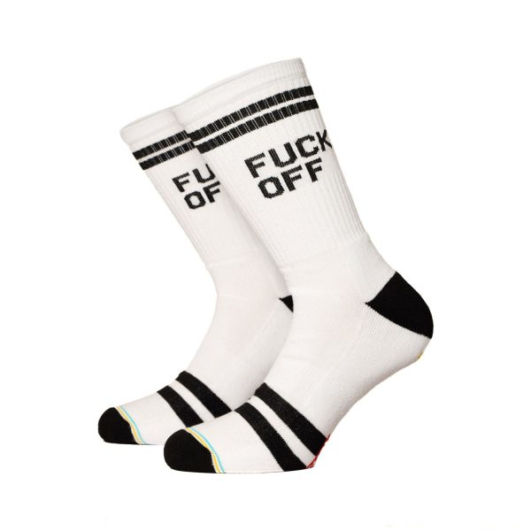 κάλτσες σε λευκό χρώμα με επιγραφή από την bee unusual, fuck off socks