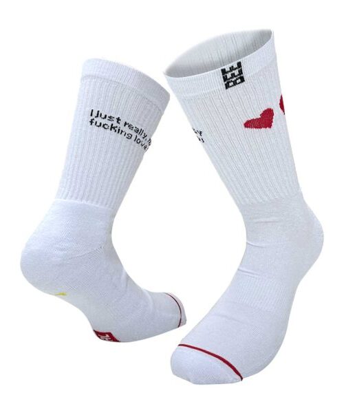 λευκές κάλτσες με σχέδια από την bee unusual, i really fcking love you socks