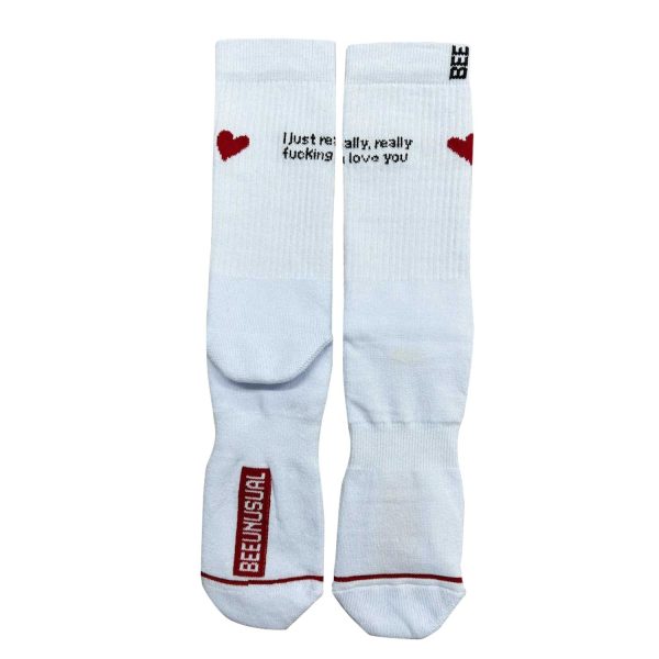 λευκές κάλτσες με σχέδια από την bee unusual, i really fcking love you socks