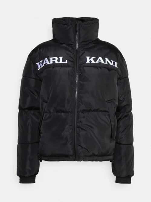 γυναικείο φουσκωτό μπουφάν σε μαύρο χρώμα με επιγραφή στο μπροστινό μέρος από την karl kani, retro puffer jacket